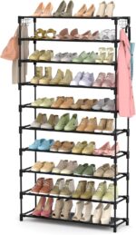 10 Tiers Shoe Rack 50 Pairs Large Capacity Tall Shoe Organizer Sturdy Shoe Storage with Two Hooks Space Saving Metal Wide Shoe Rack for Closet, Entryway, Bedroom, Black - Image 2