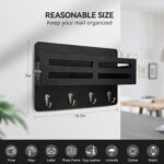 Key Holder Wall Mount, 10 inch Decorative Key and Mail Holder for Wall, with Mail Organizer & 4 Key Hooks, Rustic Wooden Key Rack for Hanging Dog Leash Sunglasses, Entryway Key Hanger, Black - Image 3