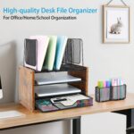 Wood Desk Organizers and Accessories, 4-Tier Workspace Desktop Paper Organizer with Drawer, 5 Vertical File Holders and Pen Holder for Office Supplies - Image 3