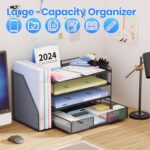 Desk Organizer and Accessories, 4-Tier Desktop File Organizer with Drawer and 2 Pen Holders, Office Desk Accessories, Workspace Organizers for Office Supplies(Black) - Image 3