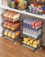 3-Tier Rolling Pantry Floor Organizer and Storage Cart with Wheels, Stackable Wire Pantry Baskets for Pantry Shelves, Kitchen Fruit Basket Stand and Storage Rack for Fruit Snack Onion Potato - Image 2