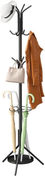 Coat Rack Freestanding,Entryway Hanger Stand,Umbrella Holder,Hall Tree With 12 Hooks, Floor Standing Metal Tree Stand,Black - Image 2