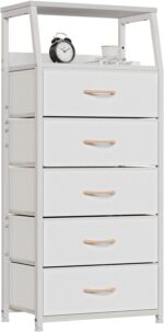 Furnulem White Dresser with 5 Drawers, Vertical Storage Tower Fabric Dresser for Bedroom, Hallway, Entryway, Nursery, Closet Organizer, Nightstand Bedside Table Furniture, Sturdy Steel Frame, Wood Top - Image 2