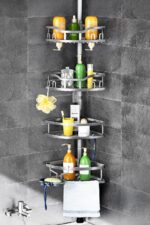 HAMITOR Corner Shower Caddy Tension Pole: Rustproof 4-Tier Bathroom Organizer Shelves for Bathtub Shampoo Storage - 47-121 Inch Quick Install Adjustable Rod Standing Rack with Soap Rack - Silver Gray - Image 2