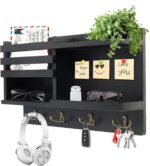 Key Holder Wall Mount, Solid Wood Key and Mail Organizer for Wall(Self Adhesive or Drill), 8 Hooks Key Rack for Entryway Hallway Bedroom Farmhouse Home Decor (Matte Black) - Image 2