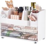 Makeup Organizer for Vanity with 2 Large Drawers, Cosmetic Display Case with Brush Holders, Easy to Storage for Bathroom Countertop Skincare, Desk Office Supplies, White - Image 2