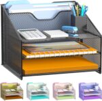 Samstar Desk File Organizer, Mesh Letter File Folder Holder with 3 Paper Trays and 2 Vertical Upright Section, for Office Supplies,Desk Accessories & Workspace,Black. - Image 2