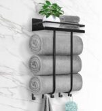 Towel Racks for Bathroom, Towel Rack Wall Mounted with Metal Shelf and 5 Hooks for Small Bathroom, Towel Holder for Bathroom, Bath Towel Storage for Rolled Towels Organizer, Black - Image 2