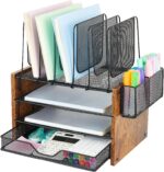 Wood Desk Organizers and Accessories, 4-Tier Workspace Desktop Paper Organizer with Drawer, 5 Vertical File Holders and Pen Holder for Office Supplies - Image 2
