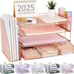gianotter Desk Organizers and Accessories with File Holder, 4-Tier Desk Accessories & Workspace Organizers with Drawer and 2 Pen Holder, Paper Organizer for Office Supplies (Rose Gold) - Image 2