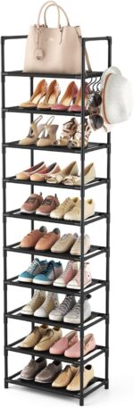 10 Tiers Tall Shoe Rack 20-25 Pairs Boots Organizer Storage Sturdy Narrow Shoe Shelf for Entryway, Closets with Hooks, Black - Image 2