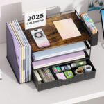 Wood Desk Organizers and Accessories with File Holder, 4-Tier Desk Accessories & Workspace Organizers with Drawer and Pen Holder, Paper Organizer for Office Supplies (Wood) - Image 4