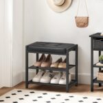 HOOBRO Small Shoe Bench, 3-Tier Shoe Rack, Shoe Storage Bench with PU Seat Cushion, Entryway Shoe Rack Bench with Metal Mesh Shelves, Freestanding Shoe Organizer for Hallway, Black BB33HX01 - Image 3