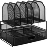 Amazon Basics Mesh Desk Organizer with Sliding Drawer, Double Tray and 5 Upright Sections, Black - Image 4