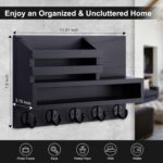 Key and Mail Holder Wall Mount, Key Hanger with Long Storage Box and 5 Hooks for Coat, Dog Leash, Home Decor Rack, House Accessories, Entry Way Organizer 11.8”W x 7.8”H x 3.2”D - Image 3