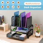 Simple Trending Mesh Desk File Organizer, Office Supplies Desktop Storage with Sliding Drawer, Double Tray and 5 Upright Section Sorter Organizer, Black - Image 4