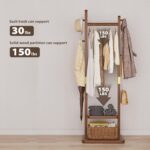 Solid Wood Coat Rack Clothes Rack, Coat Rack Freestanding with 2 Shelves and 5 Hooks, Heavy Duty Coat Tree for Entryway, Living room, Coat Hanger Stand for Hats, Bags Clothes(Walnut Brown) - Image 3