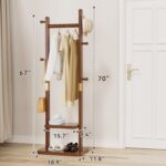 Solid Wood Coat Rack Clothes Rack, Coat Rack Freestanding with 2 Shelves and 5 Hooks, Heavy Duty Coat Tree for Entryway, Living room, Coat Hanger Stand for Hats, Bags Clothes(Walnut Brown) - Image 4