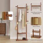 Solid Wood Coat Rack Clothes Rack, Coat Rack Freestanding with 2 Shelves and 5 Hooks, Heavy Duty Coat Tree for Entryway, Living room, Coat Hanger Stand for Hats, Bags Clothes(Walnut Brown) - Image 5