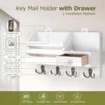 Key Holder Wall Mount, Wooden Adhesive Mail and Key Organizer with Drawer, Small Shelf, 8 Hooks, 2 Installation Methods, White - Image 4