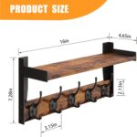 Wall Hooks with Shelf, Wood Coat Rack with Shelf Wall-Mounted, Entryway Hanging Shelves with 5 Metal Hooks for Clothes Hats Towel Purse Robes, Bathroom Mudroom Bedroom, Rustic Brown - Image 4