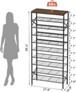 10-Tier Tall Shoe Rack Organizer Shoe Storage for Entryway 30-40 Pairs Metal Shoe Rack for Closet Heavy-Duty Shoe Rack with Wooden Top Shelf for Garage Rustic Brown - Image 4