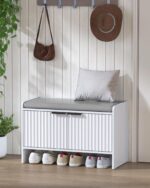 Piskyet Modern Shoe Bench,Entryway Bench Storage with Padded Seat Cushion,Adjustable Shelf,Shoe Storage Bench for Entryway,Living Room,Bedroom,White - Image 3