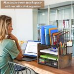 4-Tier Mesh Desk Organizer, Wooden Desk File Organizer with 5 Vertical File Holders and 2 Pen Holders, Desktop Organizers and Accessories with Drawer for Home Office - Image 3