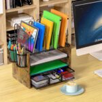 4-Tier Mesh Desk Organizer, Wooden Desk File Organizer with 5 Vertical File Holders and 2 Pen Holders, Desktop Organizers and Accessories with Drawer for Home Office - Image 4