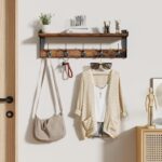 Coat Rack with Wall Mount, 23 Inch Long Entryway Wall Shelf with Hooks, Wood Hanger with Storage Shelf for Bathroom, Hallway, Rustic Brown - Image 3