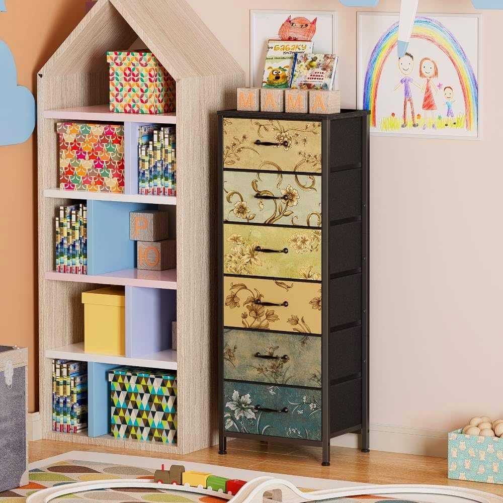 Furnulem Tall 6 Drawers Dresser, Vintage Storage Organizer Unit with Fabric Bins for Bedroom, Living Room, Closet, Nusery, Dorm, Entryway, Bedside Furniture, Sturdy Metal Frame, Wood Top - Image 3