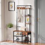 Furologee Coat Rack, Hall Tree with Bench and Shoe Storage, 4 in 1 Entryway Bench, Coat Rack with 3 Shelves and Drawer, Entryway Organizer with 5 Hooks for Hanging, Rustic Brown - Image 3