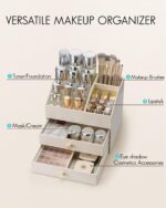 Vlando Makeup Organizer for Vanity,Large Capacity Countertop Organizer with Drawers, PU Leather Cosmetic Display Case for Lipstick,Brushes,Skincare,Bedroom Storage (Beige) - Image 3