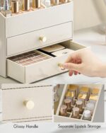 Vlando Makeup Organizer for Vanity,Large Capacity Countertop Organizer with Drawers, PU Leather Cosmetic Display Case for Lipstick,Brushes,Skincare,Bedroom Storage (Beige) - Image 4