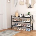 3 Tier Shoe Rack 33" Wide Metal Shoe Organizer Long Shoe Storage with 4 Side Hooks Sturdy Shoes Shelf for Front Door Entrance, Closet, Garage, Dorm, Black - Image 3