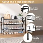 3 Tier Shoe Rack 33" Wide Metal Shoe Organizer Long Shoe Storage with 4 Side Hooks Sturdy Shoes Shelf for Front Door Entrance, Closet, Garage, Dorm, Black - Image 4