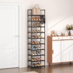 10 Tiers Tall Shoe Rack 20-25 Pairs Boots Organizer Storage Sturdy Narrow Shoe Shelf for Entryway, Closets with Hooks, Black - Image 3