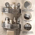 VOLPONE Corner Shower Caddy Suction Cup Shower Shelf Corner No Drilling Bathroom Shower Organizer Storage Rack Adhesive with Towel Bar Hooks (2-Pack, Matte Gray) - Image 4