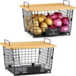 2 Set XXL Stackable Wire Basket with Bamboo Tops & Tag- Pantry Organizer and Storage Bins, Kitchen Counter Cabinet Shelf Countertop Under Sink Organizing, Food Snack Produce Onion Potato Bread Storage - Image 2
