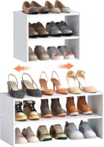 2-Tier Expandable White Shoe Rack Organizer for Closet, Stackable Shoe Rack Storage Shelf, Small Iron Wood Combination Shoe Shelves for Closets,Entryway,Front Door, Narrow Space,Hallway,6-12 Pairs - Image 2