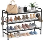 3 Tier Shoe Rack 33" Wide Metal Shoe Organizer Long Shoe Storage with 4 Side Hooks Sturdy Shoes Shelf for Front Door Entrance, Closet, Garage, Dorm, Black - Image 2