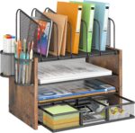 4-Tier Mesh Desk Organizer, Wooden Desk File Organizer with 5 Vertical File Holders and 2 Pen Holders, Desktop Organizers and Accessories with Drawer for Home Office - Image 2