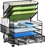 4-Tier Paper Organizer + 3-Pocket File Holder + Drawer + Pen Holders, Desktop File Organizers Paper Tray for Office Accessories School Classroom Organization (Black) - Image 2