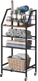 4 Tier Towel Rack for Bathroom, Towel Storage Shelf Organizer with Wheels,Floor Towels Holder Stand with Hair Tool Organizer Shelf Rustic Brown - Image 2