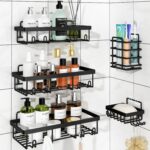 5 Pack Shower Caddy Organizer Rack Shelf for Inside Shower, Adhesive Bathroom Wall Storage Basket Rustproof Stainless Steel Shampoo Holder, Bathroom Accessory Decor Set, Black - Image 2