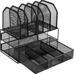 Amazon Basics Mesh Desk Organizer with Sliding Drawer, Double Tray and 5 Upright Sections, Black - Image 2