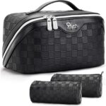 BOYATU Travel Makeup Bag Organizer Cosmetic Bag: 3 Pcs Set Make up Bags for Women with Handle - Waterproof Vegan Leather Toiletry Bags Travel Essentials Pouch with Compartments (01-Black) - Image 2