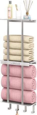 Bathroom Towel Storage, Towel Racks for Bathroom with 3-Tier Shelf & 4 Hooks, Towel Holder for Bathroom Wall for Rolled Bath Towels, Brushed Nickel - Image 2