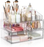 Clear Stackable Makeup Organizer with Drawer, 12''W Acrylic Storage Drawers, Cosmetic Display Case for Vanity Bathroom Countertop, Beauty Holder for Lipstick Brush Skincare Perfume - Image 2