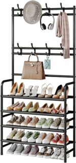Coat Rack Shoe Rack With Storage Shelf Freestanding with 8 Hooks for Entryway Bedroom Closet 4 Tier, Black - Image 2
